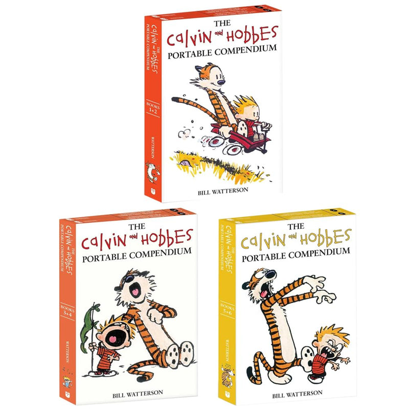 Calvin and Hobbes comic book collection by Bill Watterson, six-book set in a portable compendium, published by Andrews McMeel Publishing.