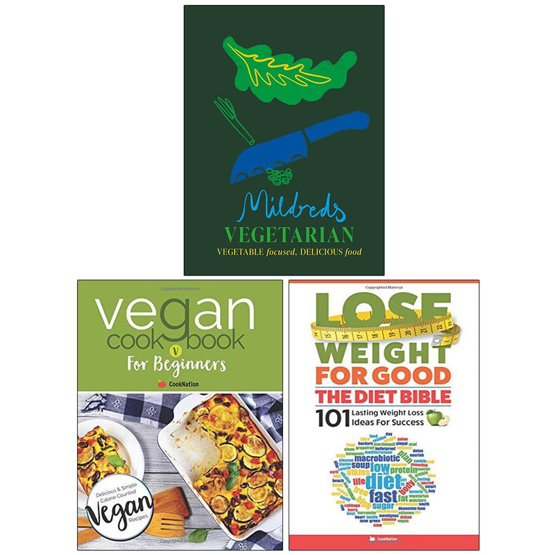 Set of three Mildreds Vegetarian and Vegan cookbooks by Dan Acevedo and Sarah Wasserman, featuring beginner-friendly recipes.