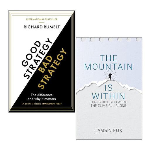 Set of two paperback non-fiction books: "Good Strategy/Bad Strategy" by Richard Rumelt and "The Mountain Is Within" by Tamsin Fox.