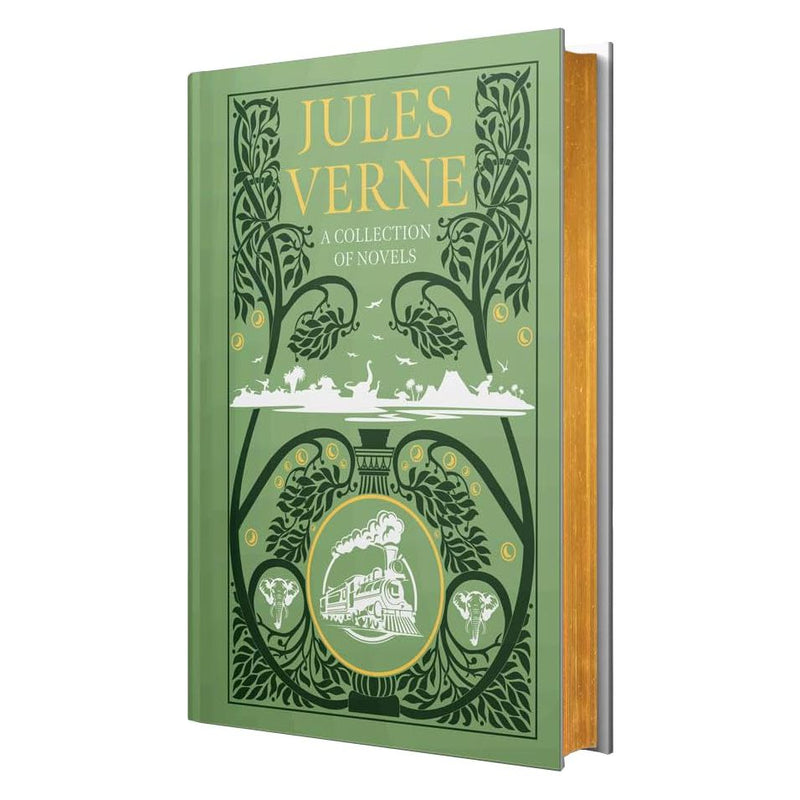 Leather-bound Jules Verne collection of novels including Five Weeks in a Balloon and Around the World in Eighty Days, by Wilco International.