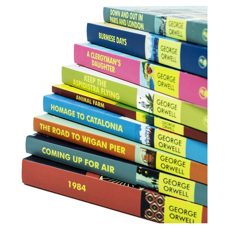 Set of George Orwell classic edition books including Homage to Catalonia and Burmese Days, featuring distinctive cover art.