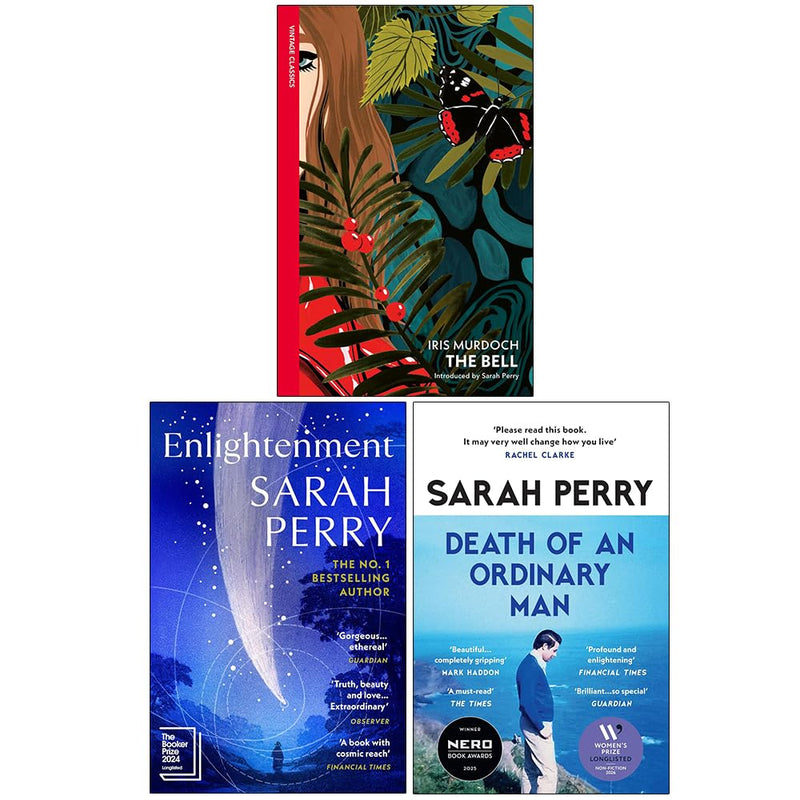 Set of three paperback fiction books by Sarah Perry titled The Bell, Enlightenment, Death of an Ordinary Man, featuring colorful cover art.