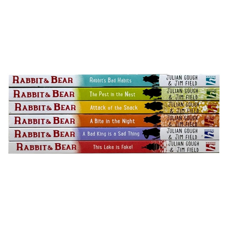 Collection of Julian Gough's Rabbit and Bear Series 1-6 children's books featuring colorful covers and playful illustrations.