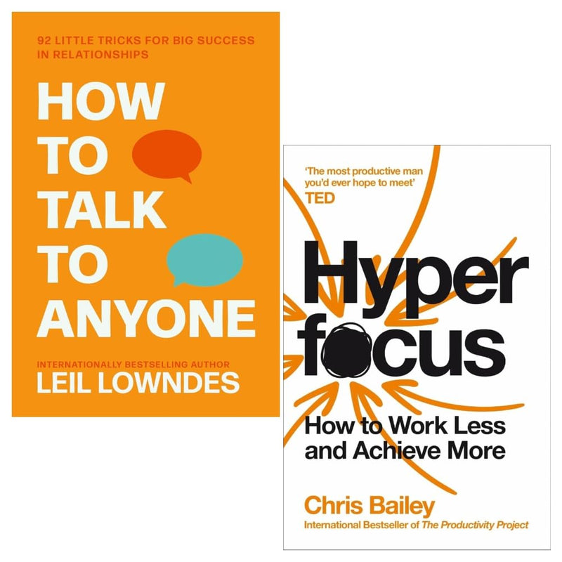 Collection of two books: "How To Talk To Anyone" by Leil Lowndes and "Hyperfocus" by Chris Bailey, published by HARPERCOLLINS.