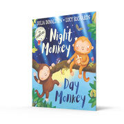 Cover of the "Night Monkey, Day Monkey" fiction paperback by Julia Donaldson, featuring colorful illustrations of two monkeys.
