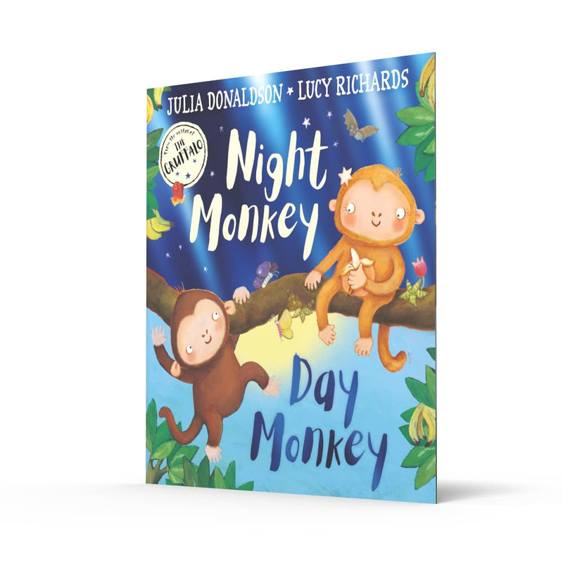 Cover of the "Night Monkey, Day Monkey" fiction paperback by Julia Donaldson, featuring colorful illustrations of two monkeys.