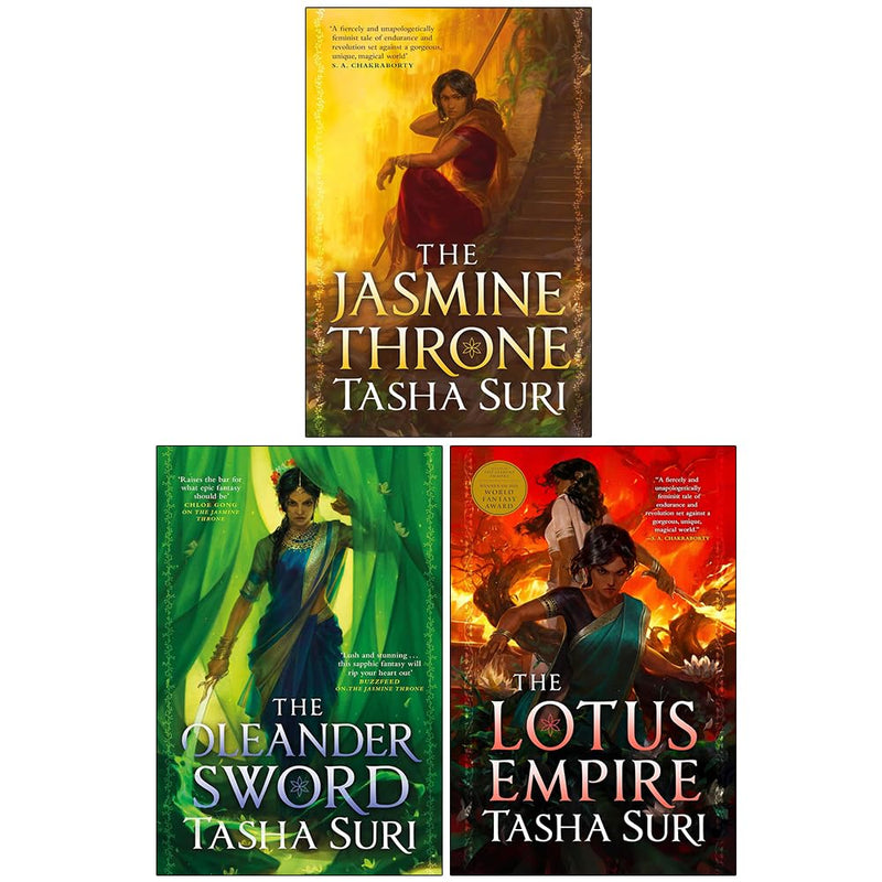 Set of three fantasy fiction books by Tasha Suri: The Jasmine Throne, The Oleander Sword, and The Lotus Empire, published by Orbit Ltd.