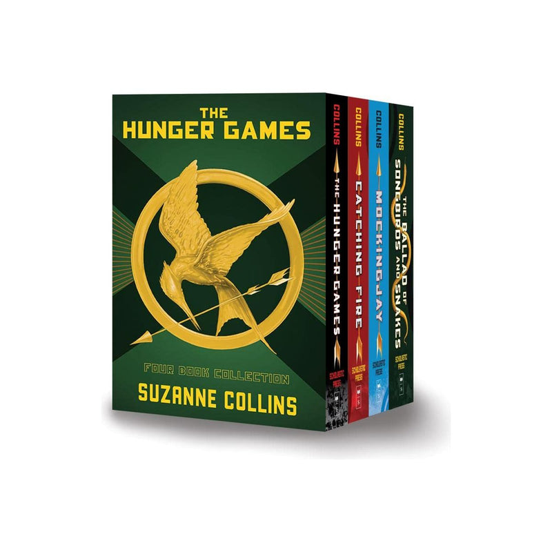 Set of four paperback The Hunger Games books by Suzanne Collins, featuring cover art from the Scholastic edition.