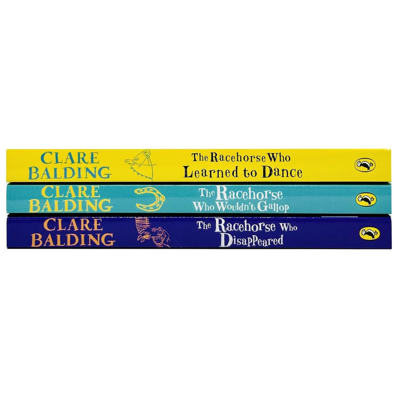 Clare Balding Charlie Bass Collection with three Puffin Ltd books, including "The Racehorse Who Wouldn't Gallop," featuring colorful book covers.