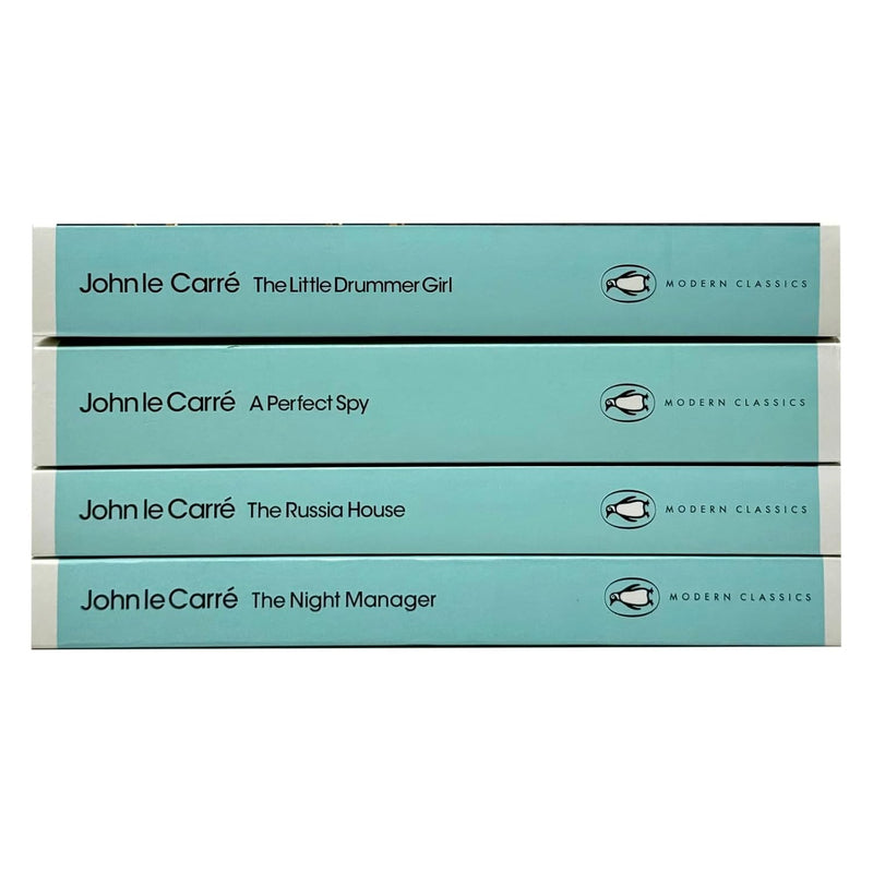 Set of four John le Carré books including The Little Drummer Girl, A Perfect Spy, The Russia House, and The Night Manager by Penguin