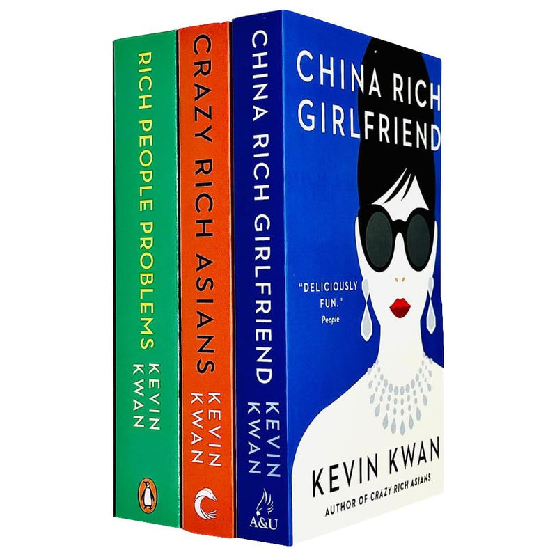 Crazy Rich Asians trilogy book set by Kevin Kwan, paperback edition, featuring three fiction novels with colorful covers.