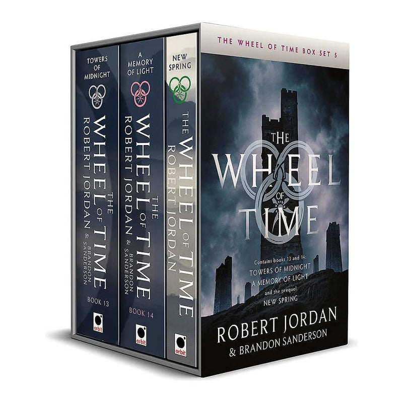 The Wheel of Time Box Set 5 by Robert Jordan, featuring Books 13-14 and prequel, includes Tower of Midnight, A Memory of Light, and New Spring.