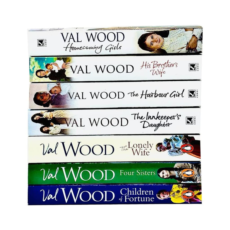 Seven paperback books from the Val Wood Collection by Val Wood, featuring classic fiction stories in a Corgi edition.