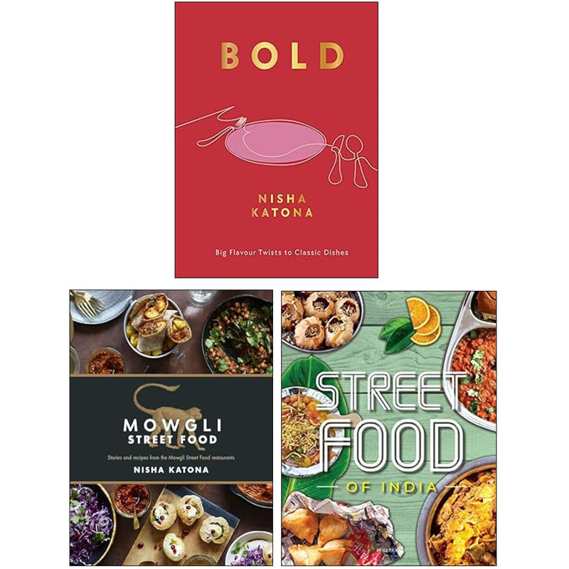 Set of three books by Nisha Katona on Indian street food, featuring recipes and culinary tips from Mowgli Street Food collection.