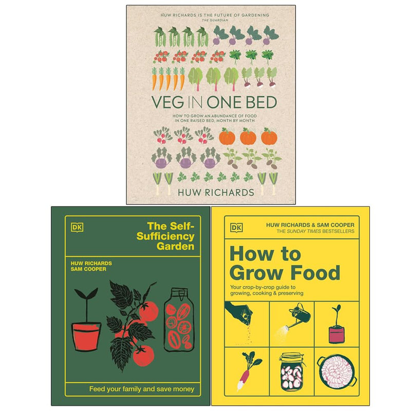 Huw Richards Grow Your Own Food 3-book collection set for home gardeners, hardback edition by DK featuring gardening guides.