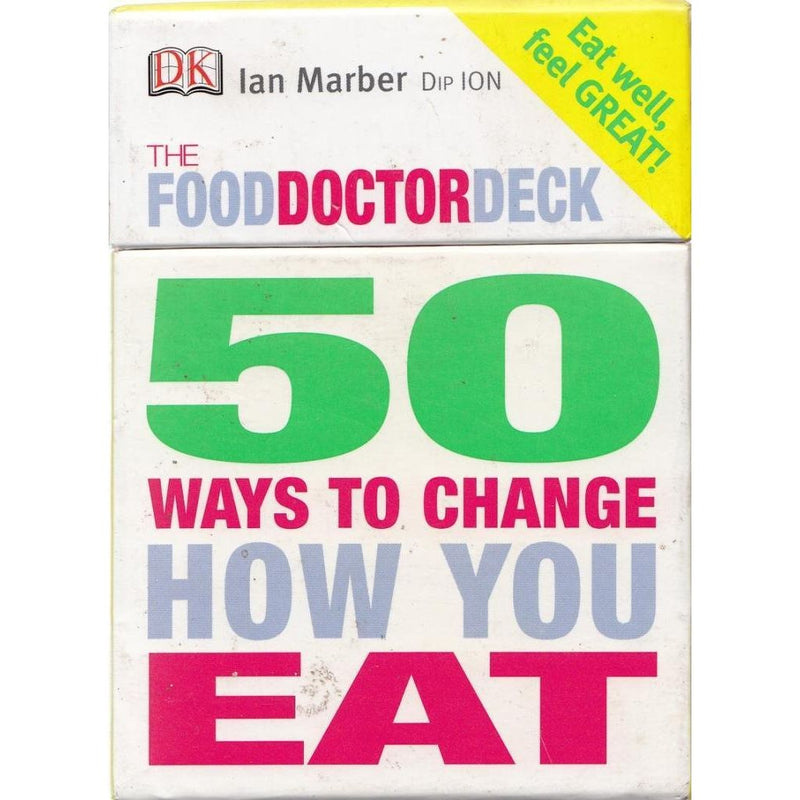 Food Doctor 50 Ways to Change How You Eat card set by Ian Marber, featuring colorful tips and illustrations for healthier eating habits.