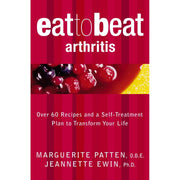 Book cover of "Eat to Beat Arthritis" by Marguerite Patten, featuring colorful illustrations of recipes and healthy eating tips.