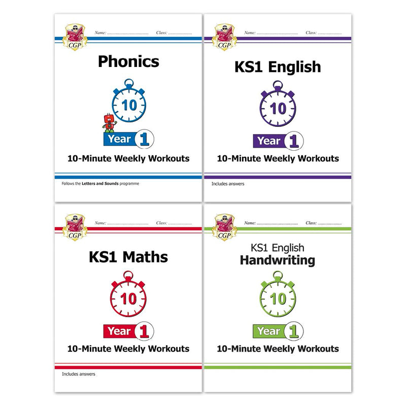 CGP Books 10-Minute Weekly Workouts KS1 4-book collection set, paperback activity books for ages 5-7