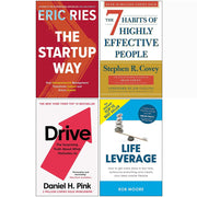 Collection of four non-fiction paperback books including The Startup Way, Drive, The 7 Habits of Highly Effective People by Portfolio Penguin.