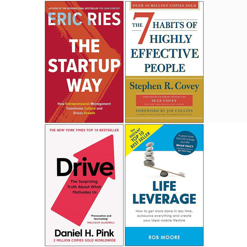 Collection of four non-fiction paperback books including The Startup Way, Drive, The 7 Habits of Highly Effective People by Portfolio Penguin.