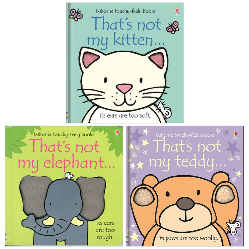That's Not My Touchy Feely Series 3 board book set by Fiona Watt for ages 0-2, featuring textured pages for sensory exploration.