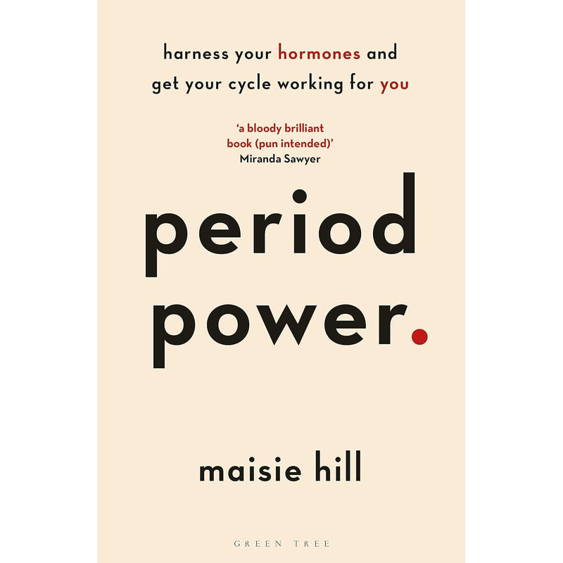 Green tree illustration on book cover for "Period Power" by Maisie Hill, focusing on hormone balance and menstrual health.
