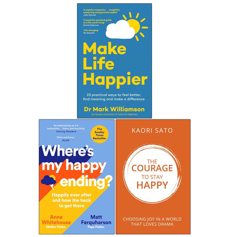 Set of three paperback books by Dr. Mark Williamson, Kaori Sato, Anna Whitehouse, and Matt Farquharson on happiness and staying positive.