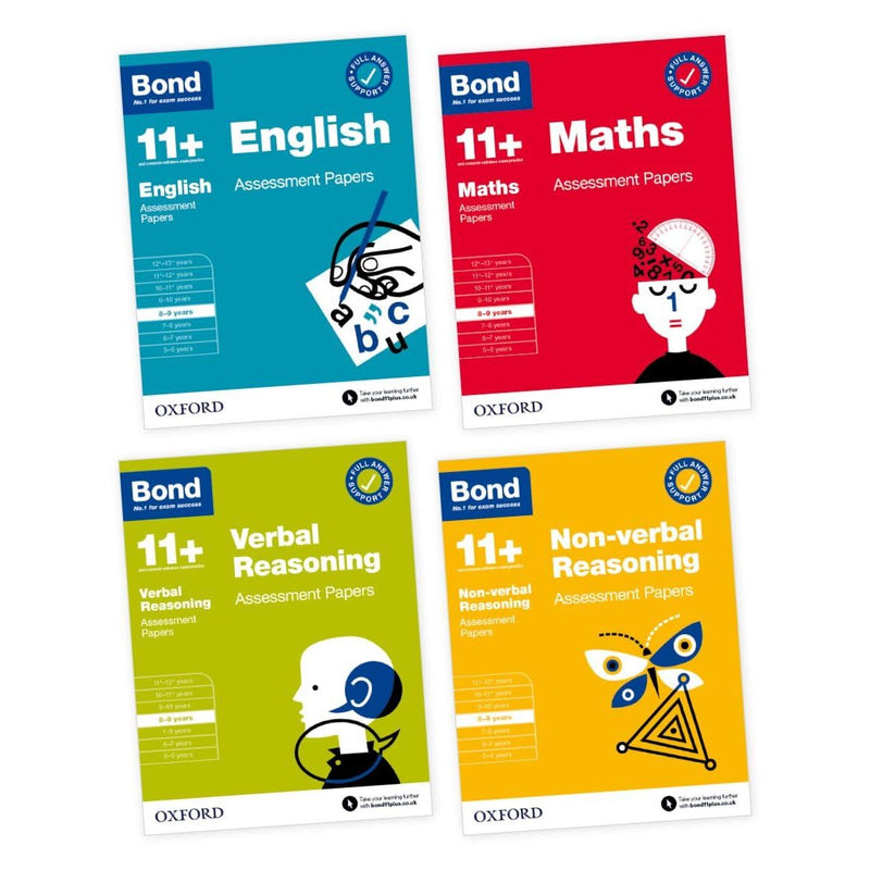 Bond 11+ Assessment Papers 8-9 years Bundle: English, Maths, Non-verbal Reasoning, Verbal Reasoning (for GL Assessment and other 11 plus exams) - The Book Bundle