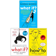 Randall Munroe collection of three books: What If?2, What If?, and How To, by John Murray, featuring colorful covers and illustrations.