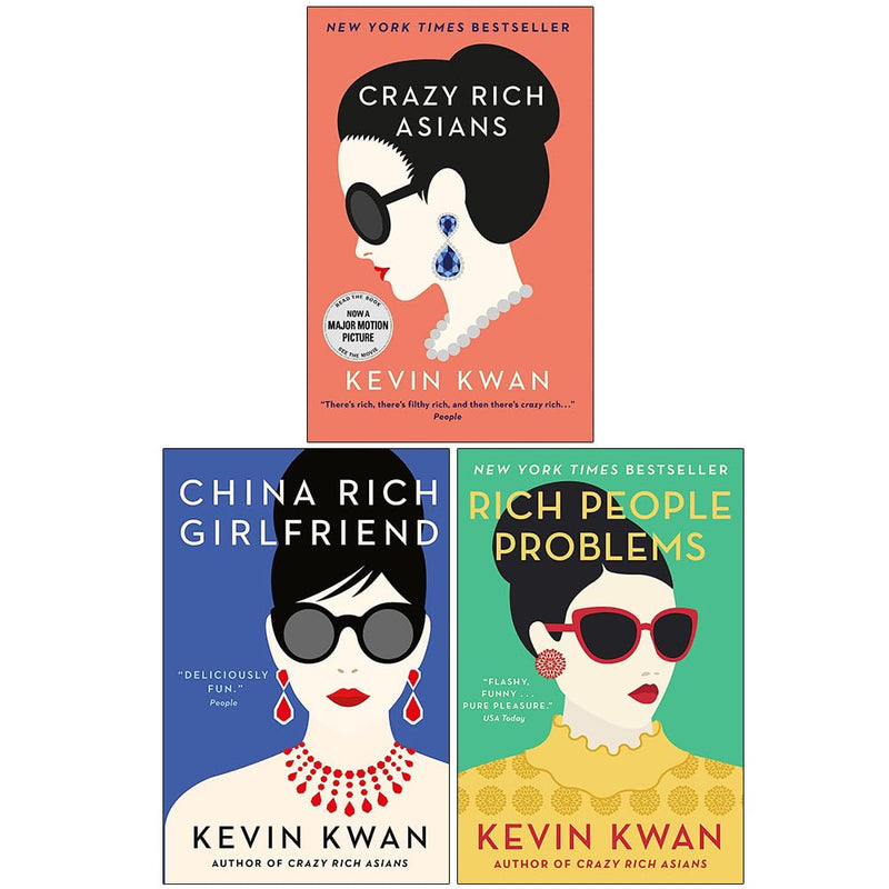 Crazy Rich Asians trilogy book set by Kevin Kwan, paperback collection of three fiction novels with colorful covers.