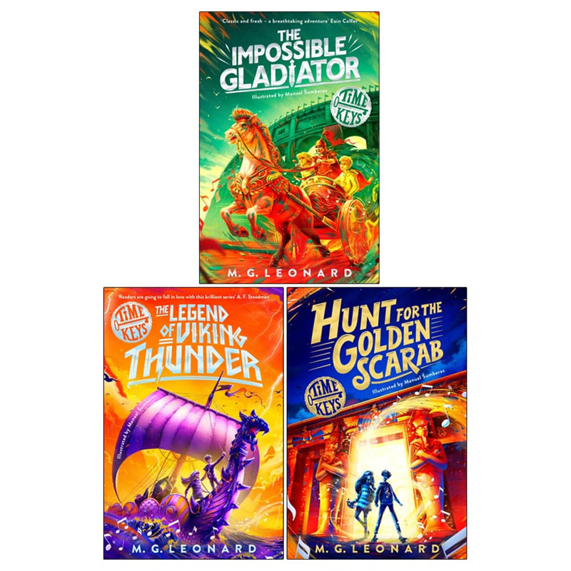 Time Keys Series 3 Books collection by M. G. Leonard, including The Impossible Gladiator, Viking Thunder, and Golden Scarab.