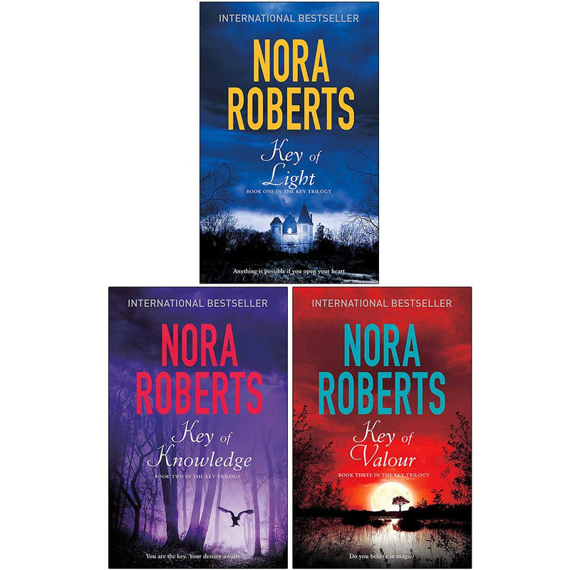 Set of three paperback fiction books in the Key Trilogy by Nora Roberts, featuring colorful cover artwork and the author's name.