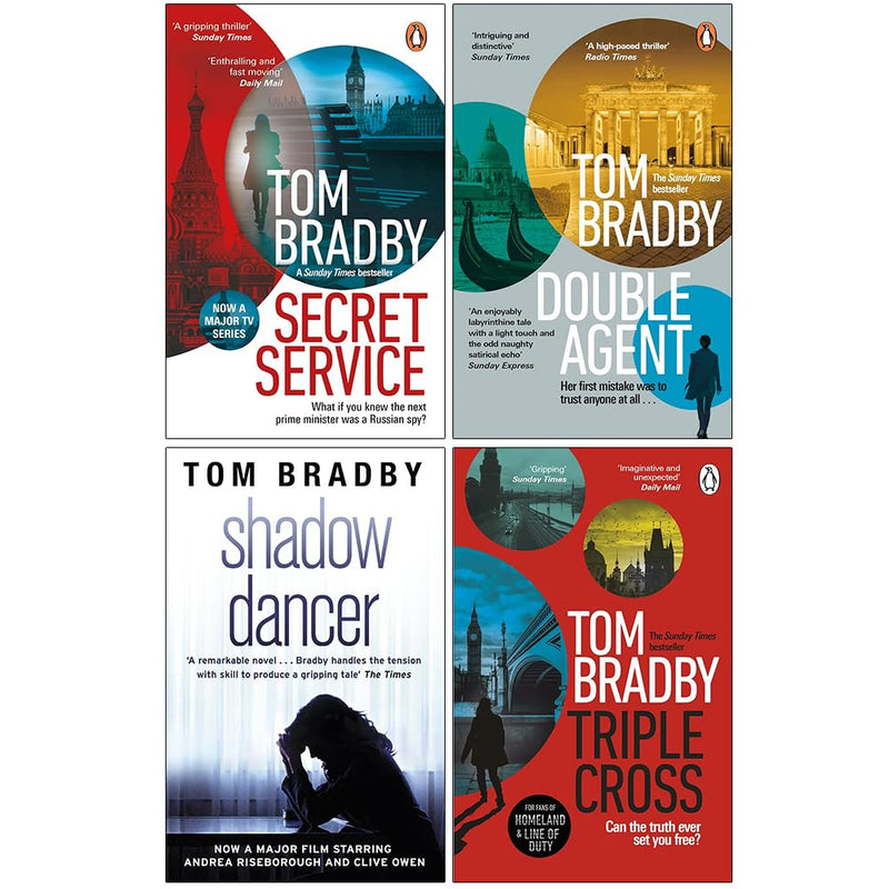 Four paperback spy fiction books by Tom Bradby in the Secret Service, Double Agent, Triple Cross, and Shadow Dancer collection set.