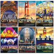 Six-book City Spies series set by James Ponti for middle-grade readers, featuring colorful book covers in a collection.