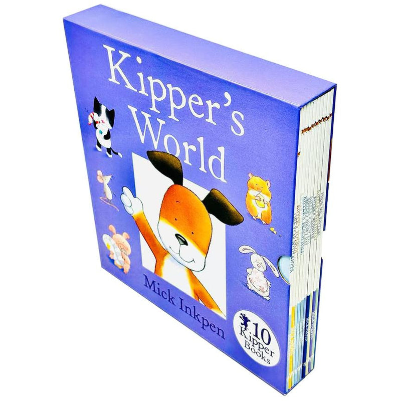 Set of 10 Kipper's World Collection children's books by Mick Inkpen, featuring colorful covers with Kipper characters and playful scenes.