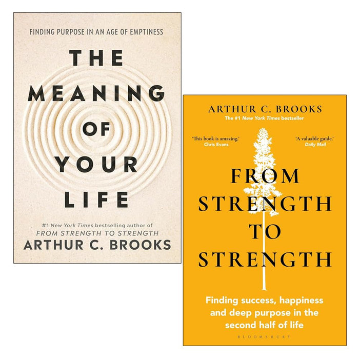 Set of two hardcover books by Arthur C. Brooks, The Meaning of Your Life and From Strength to Strength, with green and vermilion covers.
