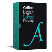 Collins School Dictionary Gift Edition with red cover, open pages showing alphabetized entries and colorful illustrations.