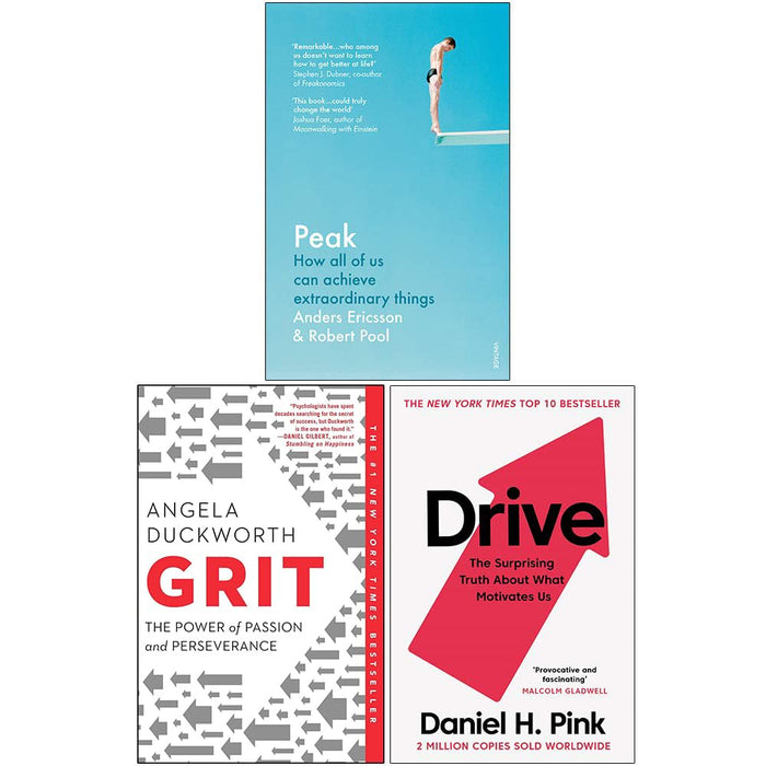Peak How all of us can achieve extraordinary things, Grit: Why passion and resilience are the secrets to success, Drive The Surprising Truth About What Motivates Us 3 Books Collection Set - The Book Bundle