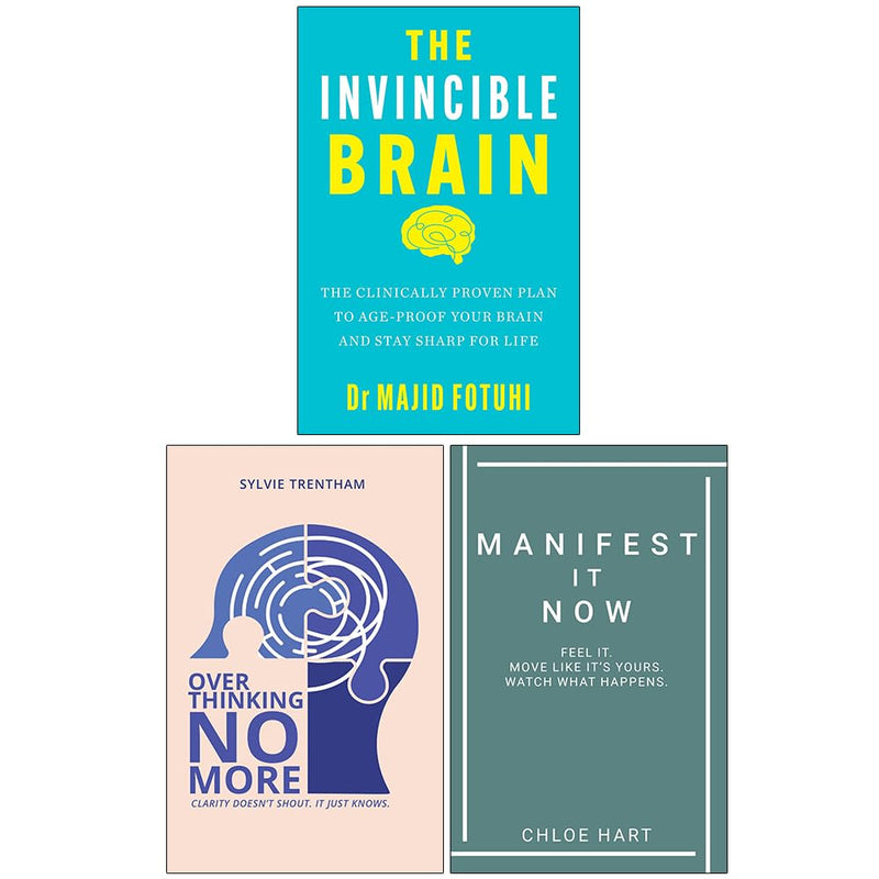 Invincible Brain book set by Dr. Majid Fotuhi, Sylvie Trentham, and Chloe Hart, featuring titles on overthinking and manifestation.