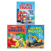 Usborne Great Big Flaps Collection by Alice Beecham featuring books on trucks, diggers, and dinosaurs with large flaps for kids.