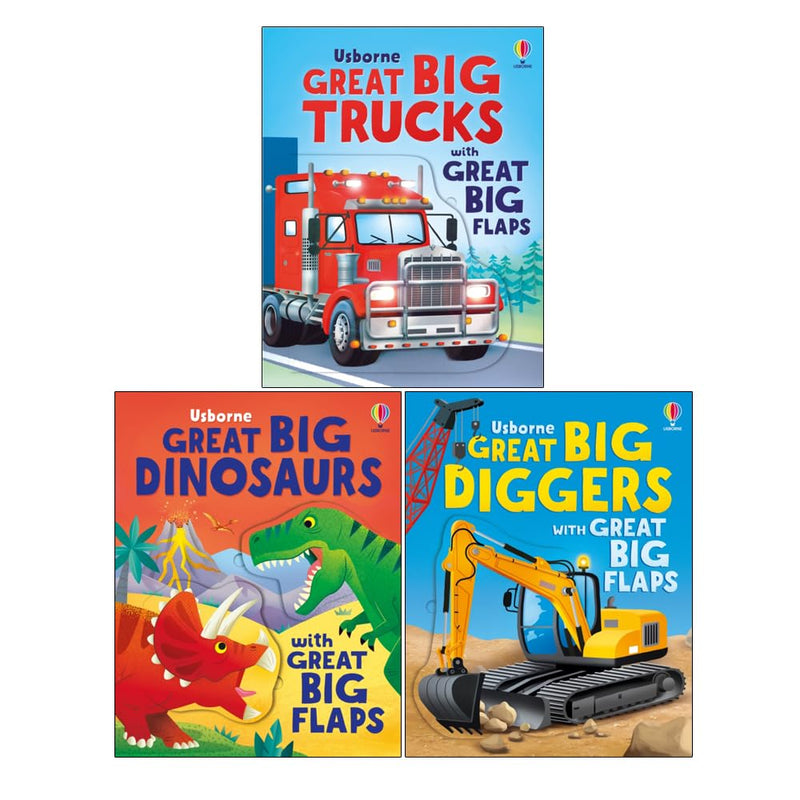 Usborne Great Big Flaps Collection by Alice Beecham featuring books on trucks, diggers, and dinosaurs with large flaps for kids.