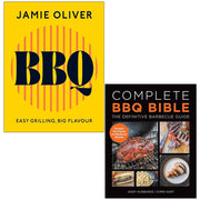 Complete BBQ Bible set by Jamie Oliver, Andy Husbands, and Chris Hart, featuring colorful pages with grilling tips and barbecue recipes.