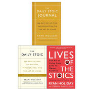 Set of three books including The Daily Stoic, The Daily Stoic Journal, and Lives of the Stoics by Ryan Holiday and Stephen Hanselman.
