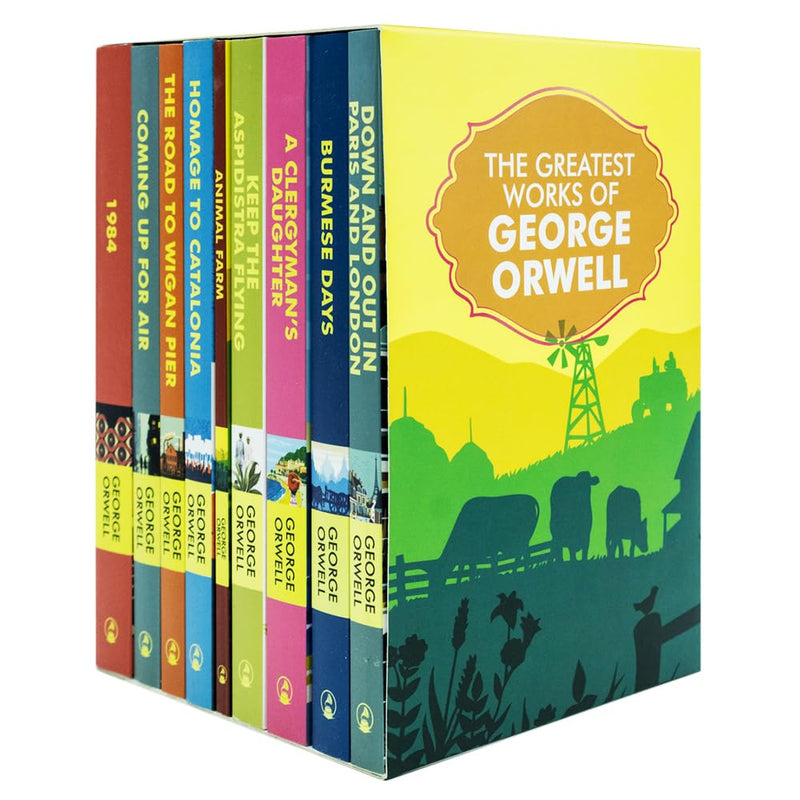 Set of nine classic editions of George Orwell's works including Homage to Catalonia and Burmese Days, featuring book covers and titles.