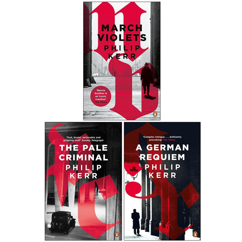 Set of three Bernie Gunther Series books by Philip Kerr in paperback, featuring crime fiction with vintage cover art.