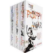 Set of three Poppy War series books by R.F. Kuang, including The Poppy War, The Dragon Republic, and The Burning God, published by HarperVoyager.