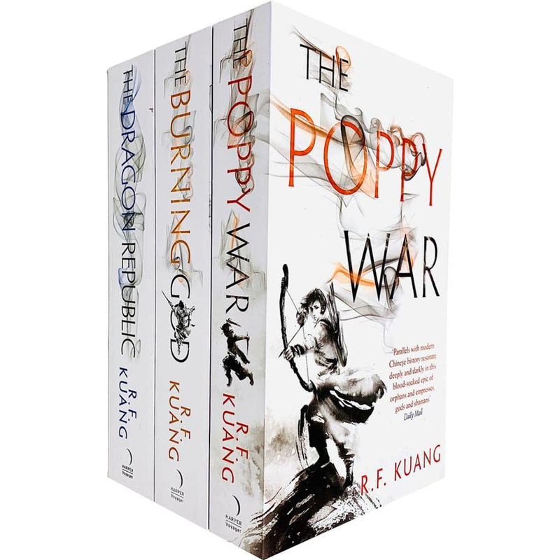 Set of three Poppy War series books by R.F. Kuang, including The Poppy War, The Dragon Republic, and The Burning God in HarperVoyager editions.