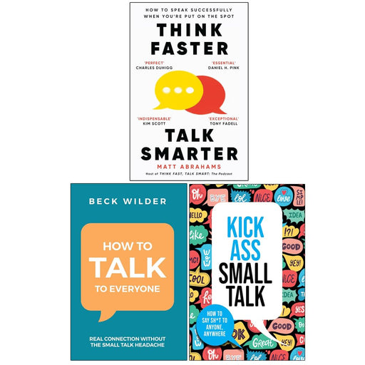 Three paperback books from the Think Faster Talk Smarter collection by Matt Abrahams, Beck Wilder, and Chartwell Books on communication skills