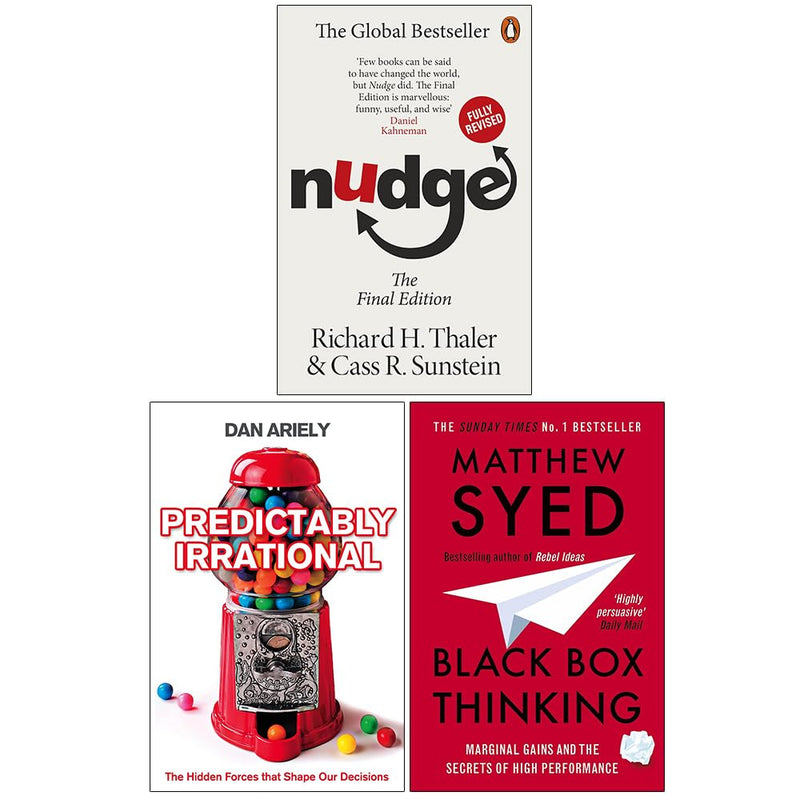 Set of three paperback non-fiction books including Nudge, Predictably Irrational, and Black Box Thinking by Cass Sunstein and others.