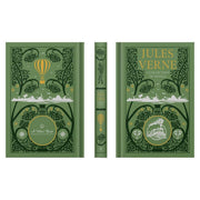 Leather-bound Jules Verne collection including Five Weeks in a Balloon, Around the World, Journey to Earth's Center, and Twenty Thousand Leagues.